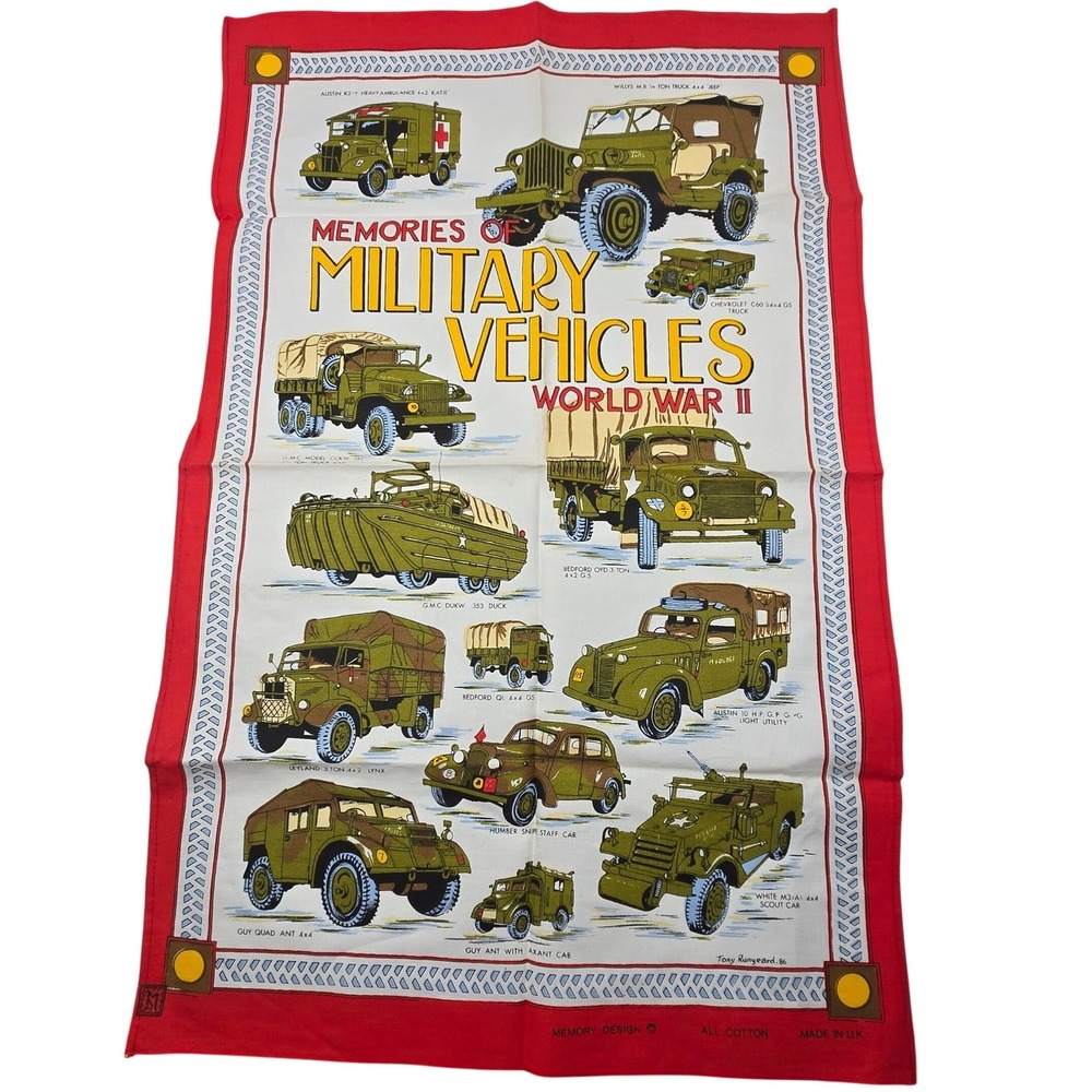 Vintage Memory Design WWII Military Vehicles Tea Towel Tony Runyeard 1986 Cotton